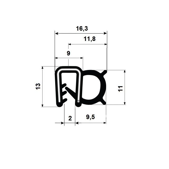 Pryžový profil EPDM A1 549 - 16,3 x 13 x 11,8 mm (plech 2mm)
