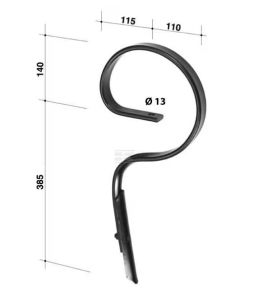 Kultivátorové pero rovné 10 x 32 x 525 se špičkou, upevňovací otvor 13 mm