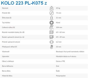 Kolo otočné 223 PL-K075 z - Technická specifikace