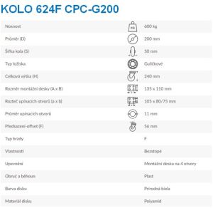 Kolo otočné 624F CPC-G200 - Technická specifikace