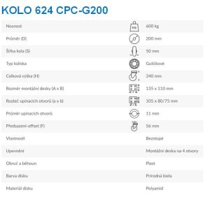 Kolo otočné 624 CPC-G200 - Technická specifikace
