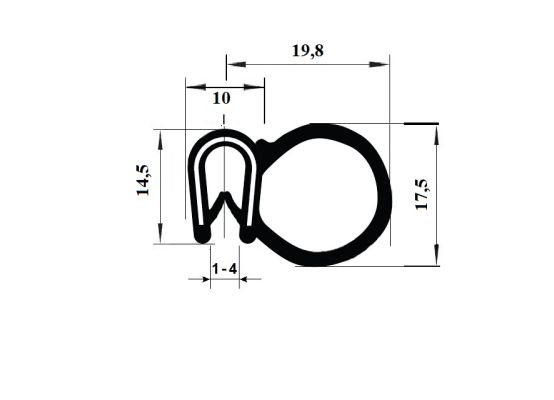 Pryžový profil EPDM A1 100 - 19.8 x 14.5 x 10 mm (plech 1-4mm)