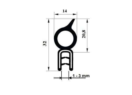 Pryžový profil EPDM GA3321 - 14 x 32 x 20.8 mm (plech 1-3mm)