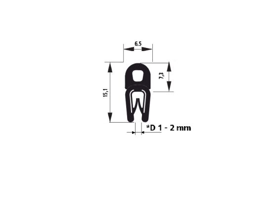 Pryžový profil EPDM A1 107 - 6.5 x 7.3 x 15.1 mm (plech 1-2mm)