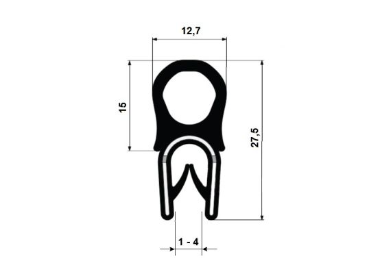 Pryžový profil EPDM A1 117 - 12.7 x 15 x 27.5 mm (plech 1-4mm)