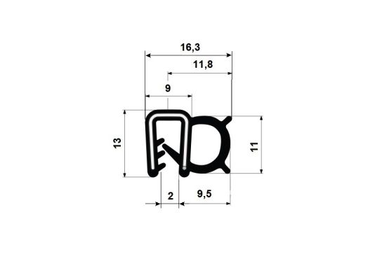 Pryžový profil EPDM A1 549 - 16,3 x 13 x 11,8 mm (plech 2mm)