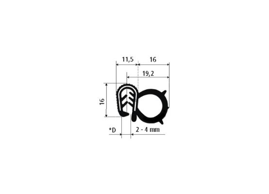 Pryžový profil EPDM GA2540 - 27. x 16 x 11.5 mm (plech 2-4mm)