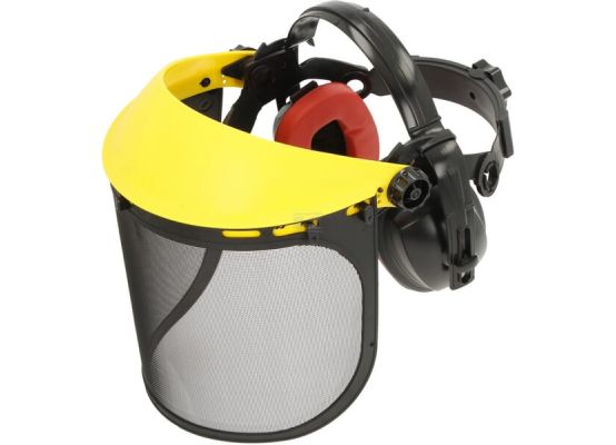 Ochranné hledí z ocelové síťoviny s chrániči sluchu