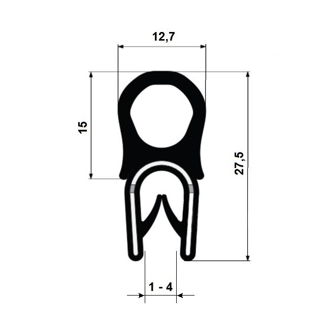 Pryžový profil EPDM A1 117 - 12.7 x 15 x 27.5 mm (plech 1-4mm)