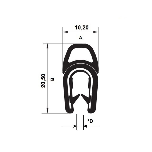 Pryžový profil EPDM 19.0374 - 10.2 x 20.5 mm (plech 1-4mm)